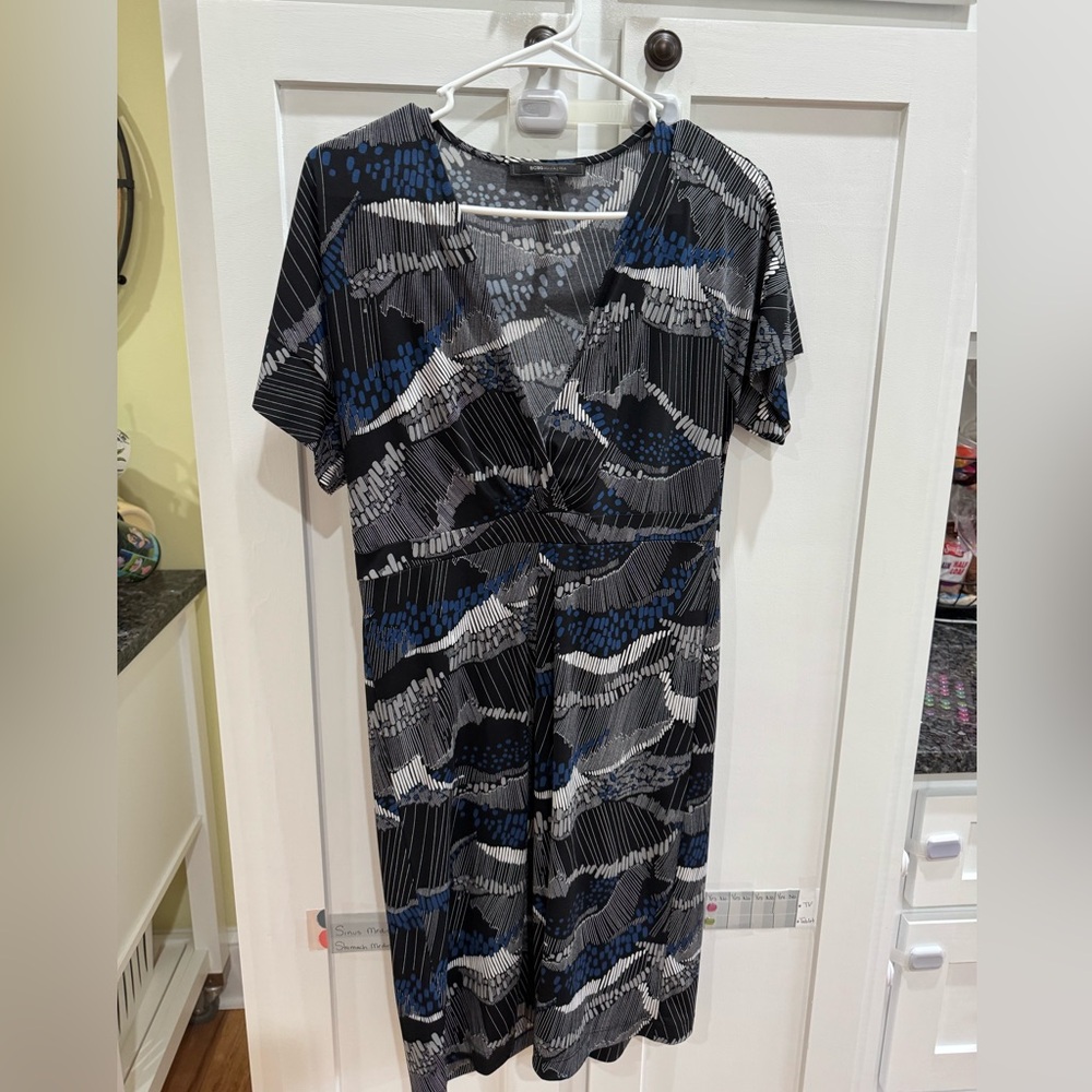BCBGMaxAzria Black, Gray & Blue Patterned Midi Dress